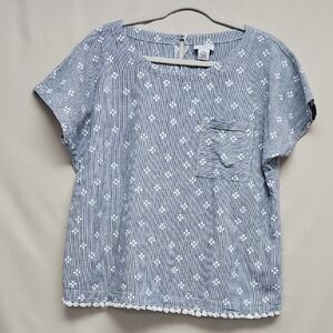 Liz Claiborne Petite Blue Striped Eyelet Embroidered Top with Pom-Pom Trim PL